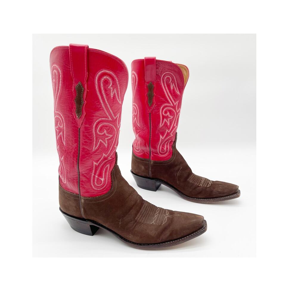 Lucchese Women’s 10 Brown Suede Red Leather Colorblock Snip Toe Cowgirl Boots - Picture 1 of 11